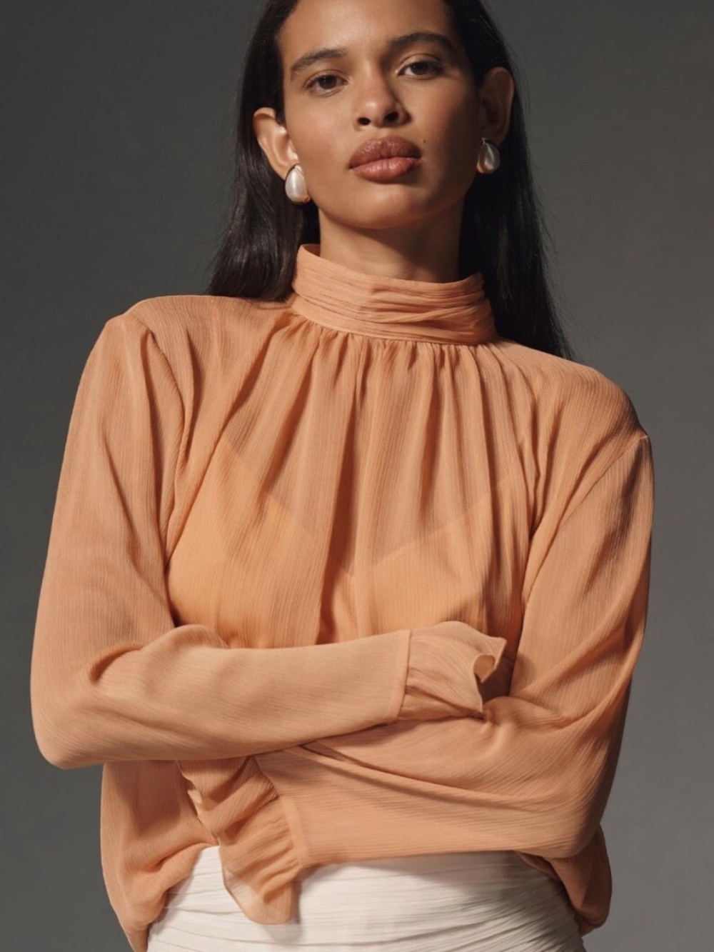 By Anthropologie Long-Sleeve High-Neck Sheer Blouse in Rose Color